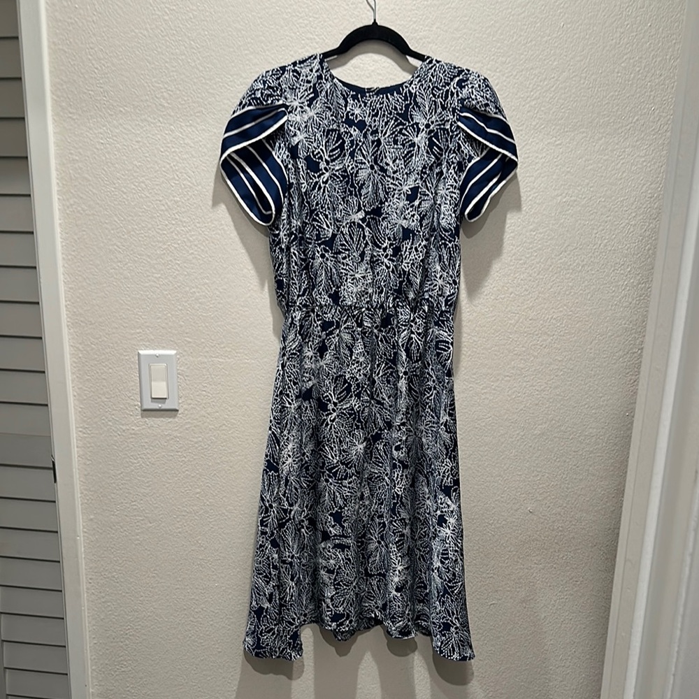 H&M Blue and White A-Line Puff Sleeve Midi Dress